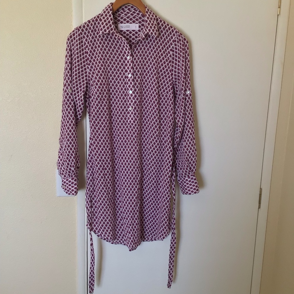 Carve Designs Collared Shirt Dress Small Maroon Print Belted 100% Cotton Casual - Picture 4 of 13